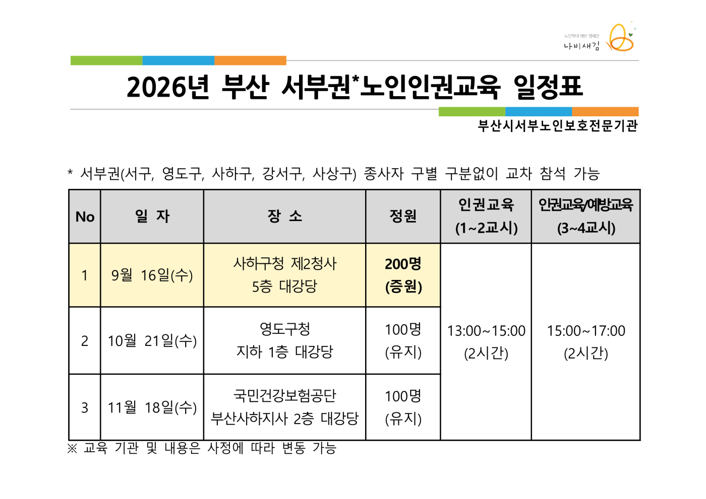 노인인권교육 일정표 (9~11월)